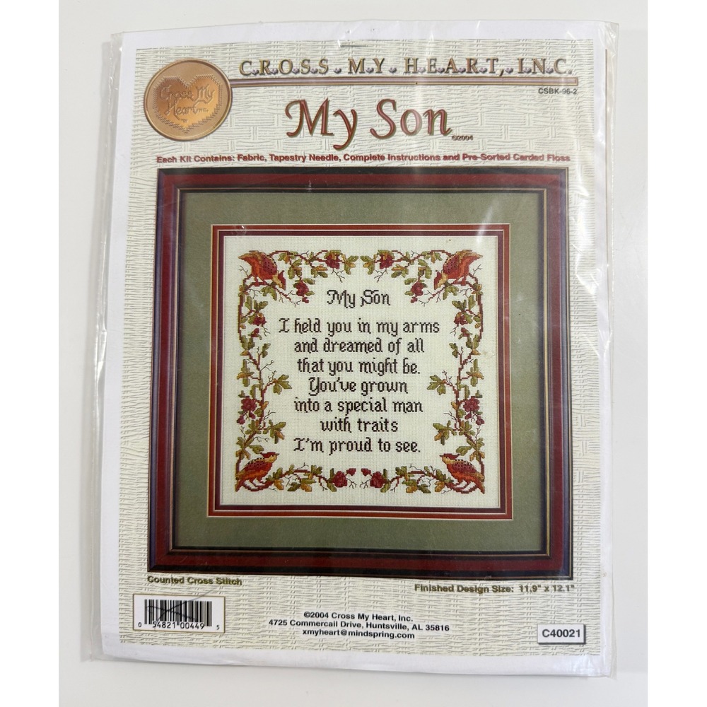Cross My Heart My Son Cross Stitch Kit OS Multi Cardinal Poem 2004 CSBK962
